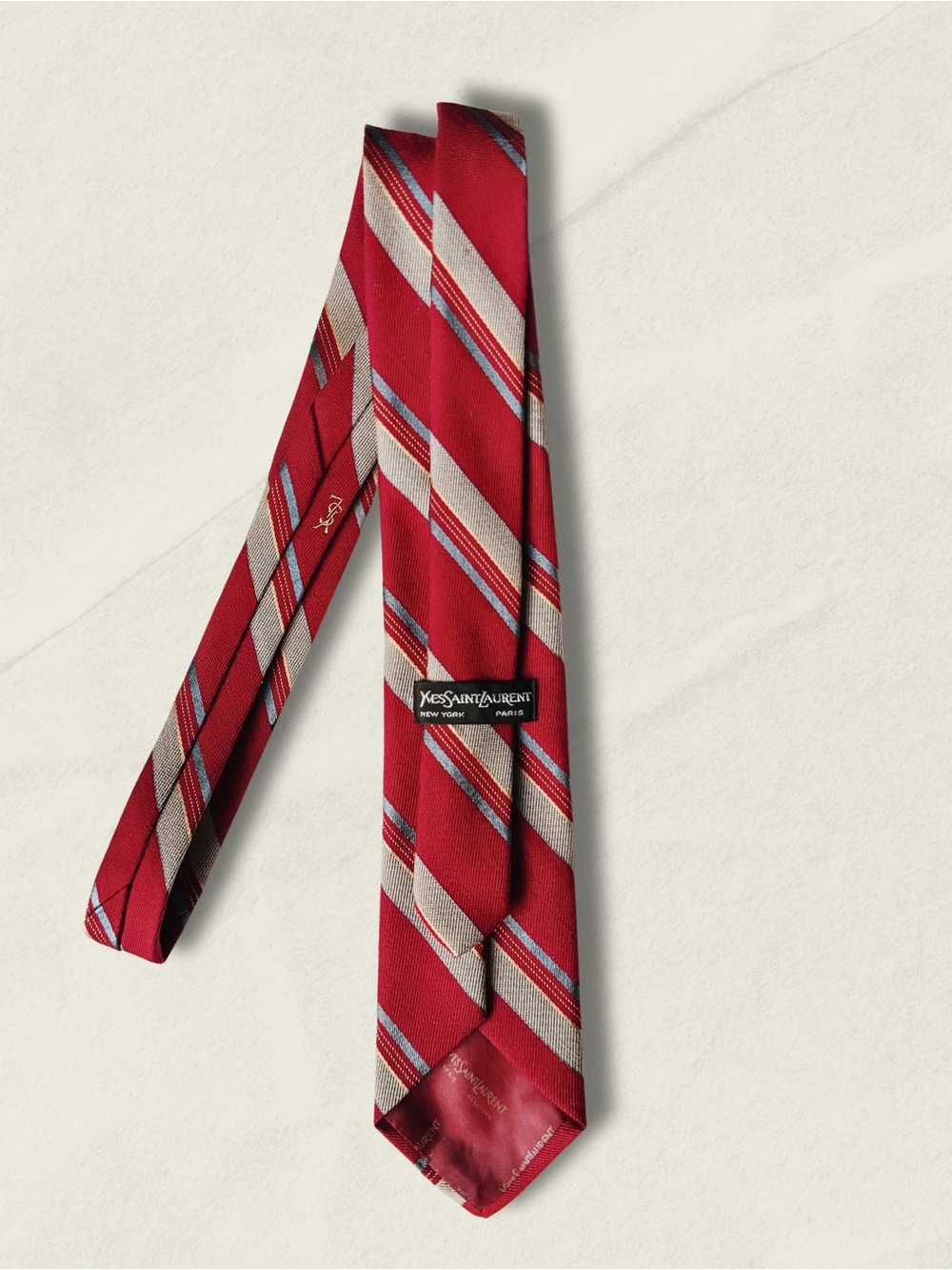 Vintage Yves Saint Laurent Repp-Stripe Embroidered YSL Monogram Regimental Tie - Picture 2 of 6